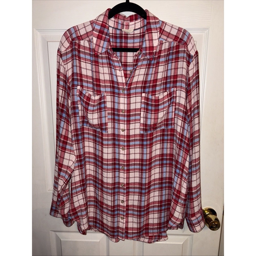 Anthropologie Pilcro L Hadley Relaxed Shirt Red Blue Pink Plaid Textured Button